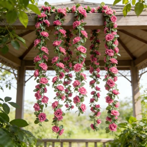 Artificial Flower Garland 90.5 Inch/230CM - Fake Roses Vines Floral Vines, Silk Faux Plastic Hanging Floral Garland for Wedding Arch, Bedroom, Home Wall, Backdrop, Outdoor & Indoor Decor (Dark Pink) - color: Dark Pink
