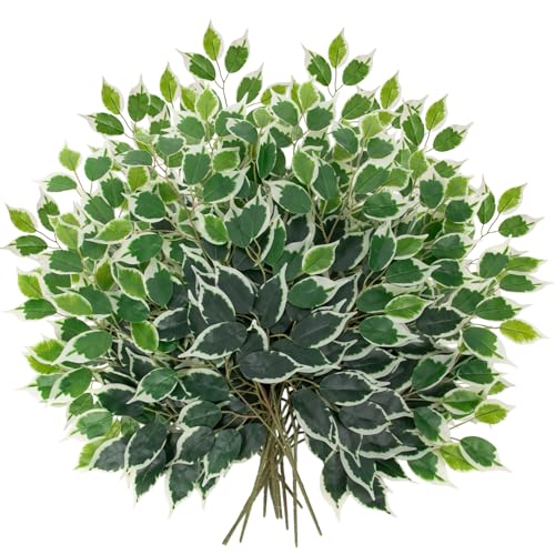 24PCS Ficus Leaves Artificial Branches - 24" Faux Ficus Greenery Tree Branches - Fake Leaves Sprays for DIY Arch Wedding Wall Decor - Green & White - color: 24inch-24pcs/Green & White