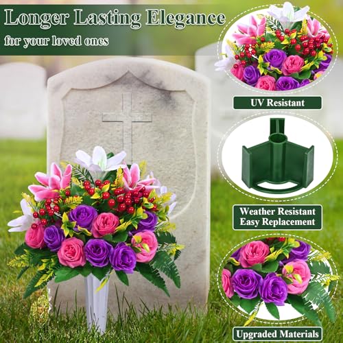 Dolicer 2 Sets Artificial Cemetery Flowers for Grave, Realistic Grave Flowers Memorial Flower UV Resistant Silk Rose Lily Flower with Vase for Cemetery Decorations (Colorful) - color: Purple, Pink, size: Flowers in Vase
