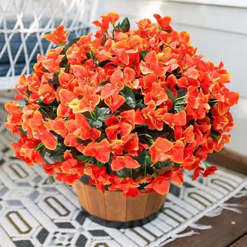 Artificial Flowers for Outdoors Spring Summer Porch Decor, 4 Bundles Fake Bougainvillea Realistic Silk Flowers for Outside UV Resistant Faux Outdoor Plants for Planters Patio Yard Balcony Home, Orange - color: Orange