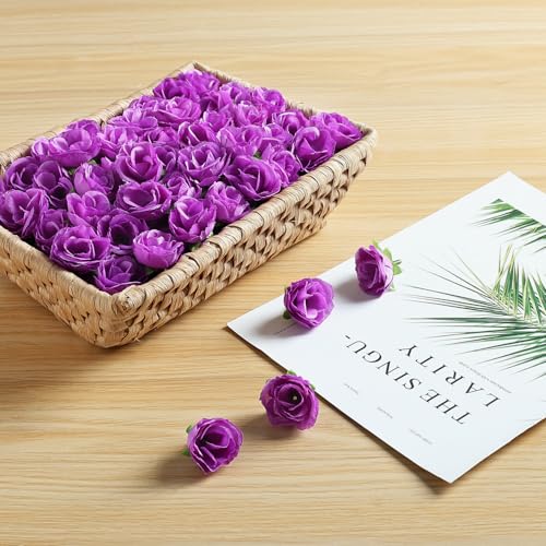 SITUMEIZI 100 Pcs 1.3 inches Mini Deep Purple Rose Head Purple Flowers Artificial Roses for Wedding Decor, Graduation Cap, Cake, DIY Flower Wall Mother's Day Home Party Decor - color: Purple