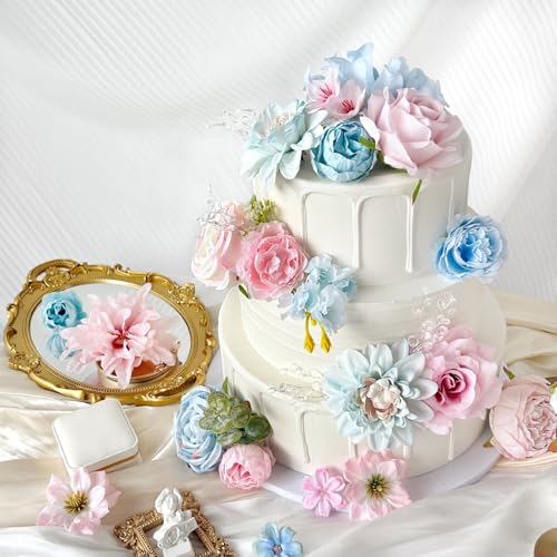 Artificial Flowers Combo Box Set Baby Blue Pink Silk Roses with Stems Crystal DIY Pastel Rainbow Bridal Wedding Bouquets Cake Fake Floral Arrangements Baby Shower Party Table Centerpieces Home Decor - color: Baby Blue, Pastel Pink