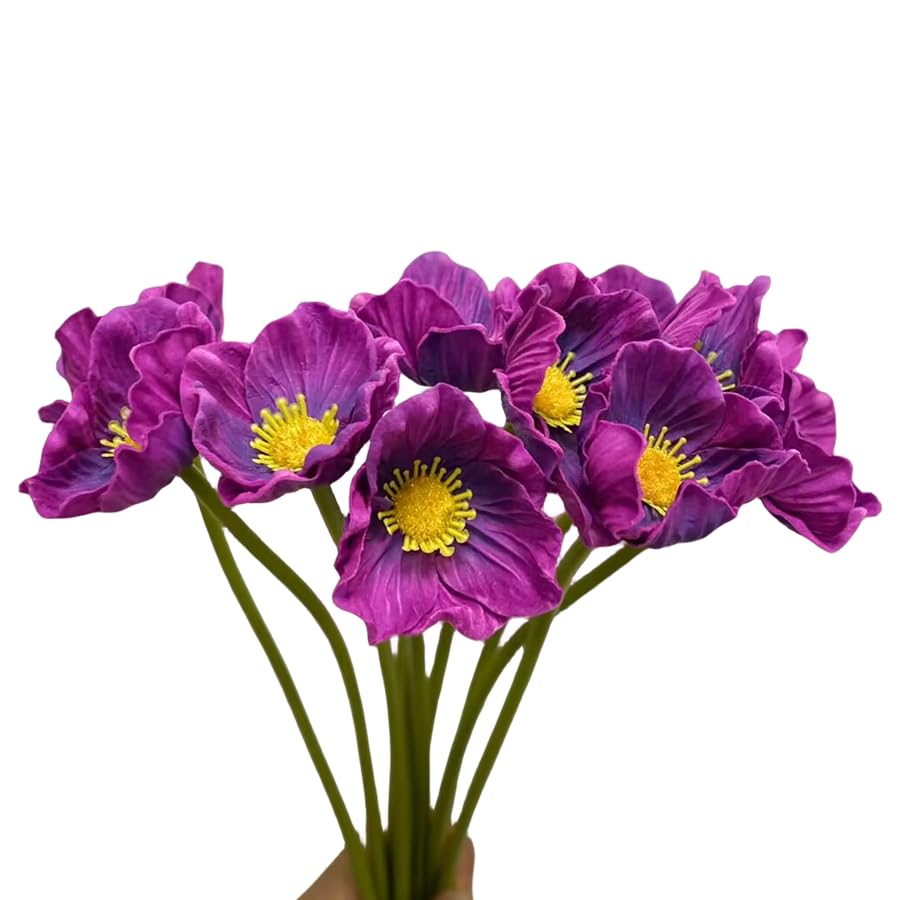 Rikyo 10 Stem 11inch Bouquets Artificial Flowers Poppy Flowers,Faux Anemone PU Fake Wild Flowers for Kitchen Table Centerpiece Vase,Home Wedding Holding Flowers Backdrop Arch Wall(Deep Purple) - color: Deep Purple