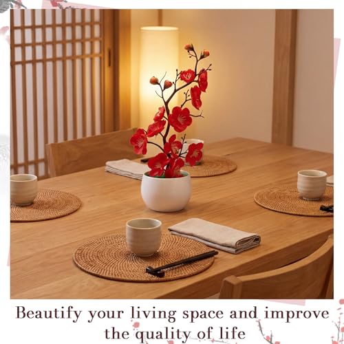 Suncalla 4 Pack Artificial Red Plum Blossom Fake Bonsai, Silk Flower Arrangement with Flower Pot, Cherry Blossoms Decor for Hibachi Party Chinese Japanese Asian Theme Party Supplies (Upright) - style: Upright