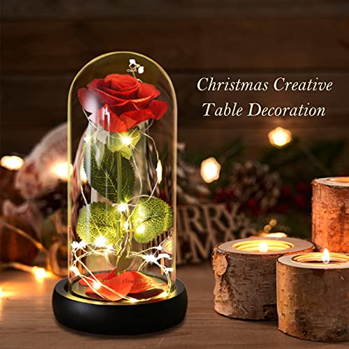 Beauty and The Beast Rose Set-The Best Holiday Surprise Gift for Mothers, Beautifully Decorated With Red Silk Roses, LED Lights, Dome Glass and Wooden Base - color: Black Base