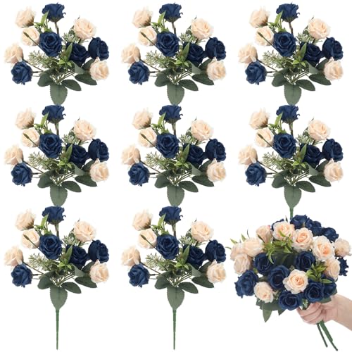 Zeyune 8 Pack Artificial Mini Dark Blue and Champagne Roses 12 Inch Fake Flowers with Stems 80 Small 1.6 Inch Flower Heads Silk Mini Rose Bouquets for Wedding Bridal Bouquets Home Party Decor - color: Dark Blue and Champagne