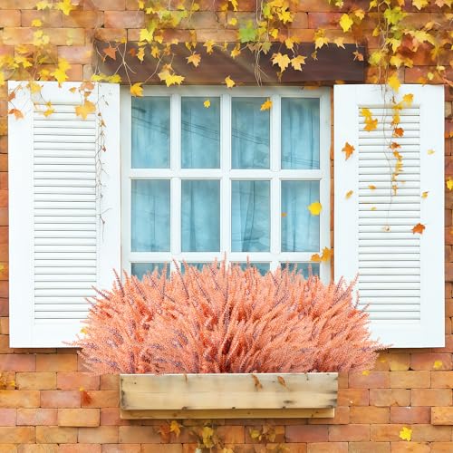 Artificial Fall Flowers Faux Mums for Outdoor, 15 Bundles Fake Flower Lavender UV Resistant Faux Plants No Fade for Front Door Porch Garden Yard Patio Outside Autumn Decor(Orange Red) - color: Orange Red