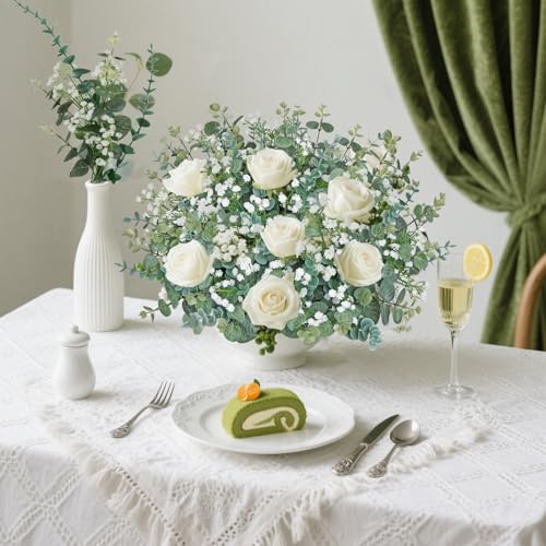 100PCS Artificial Eucalyptus Stems with Fake Baby's Breath Flowers Bulk, 3 Kinds Mixed Faux Silver Dollar Eucalyptus Leaves Greenery Stems for Wedding DIY Bouquets Floral Wreath Home Decor