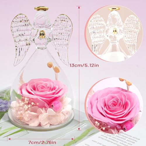 Miofula Gifts for Mom Birthday Gifts for Women, Preserved Flowers Rose in Glass Angel Figurines, Fresh Flowers for Delivery Anniversary Forever Real Roses Gifts for Mothers Grandma Her Wife Girlfriend - color: Pink