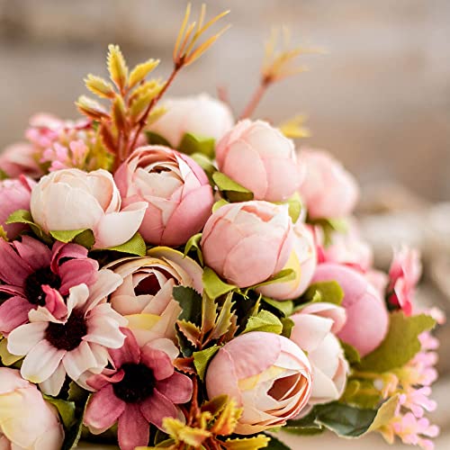 TKAS Artificial Flowers Fake Flowers Silk Rose Bouquets Decoration with Ceramics Vase for Table Home Office Wedding (Pink Bud) - color: Pink Bud