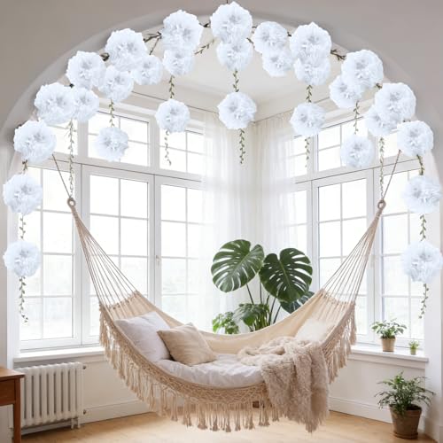 White Flower Garland for Backdrop - 2 Pcs Artificial Paper Floral Garlands for Wedding Home Decor, 8.2 Ft Hanging Fake Flower Vines for Room Wall Table Garden Decoration Aesthetic - color: White