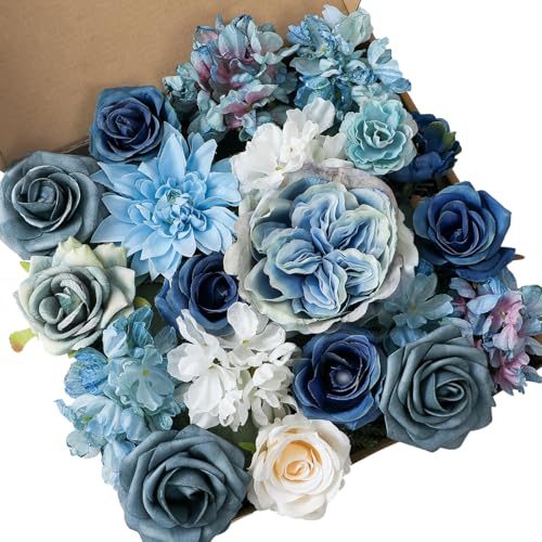 Kisflower Blue Flowers Artificial Combo Cake Flowers Decorations Fake Silk Roses Dahlia Peony Flowers Gift Box for DIY Wedding Bridal Bouquet Centerpieces Arrangements (Dusty Blue) - color: Dusty Blue