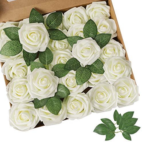 AmyHomie Artificial Flower Ivory Rose 25pcs Real Looking Fake Roses w/Stem for DIY Wedding Bouquets Centerpieces Arrangements Party Baby Shower Valentines Day Christmas Tree Decorations - color: Ivory