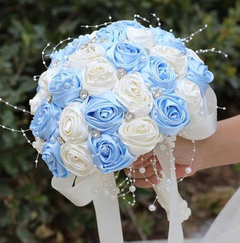 Ujicde Romantic Wedding Bouquet Bridal Bridesmaid Round Bling Brooch Bouquet Throw Toss Artificial Rose Flower Bunch with Sparkle Rhinestone Crystal Decoration(Light Blue+Ivory,Dia. 6.3"*16cm) - color: Light Blue+ivory, size: Dia. 6.3"*16cm