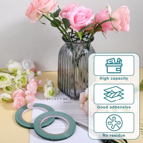 2Rolls Green Floral Tape 1/4 Inch Wide Strong Adhesion Flower Tape Waterproof Floral Tapes for Bouquet Stem Wrapping and Art Crafts(98ft/Roll)