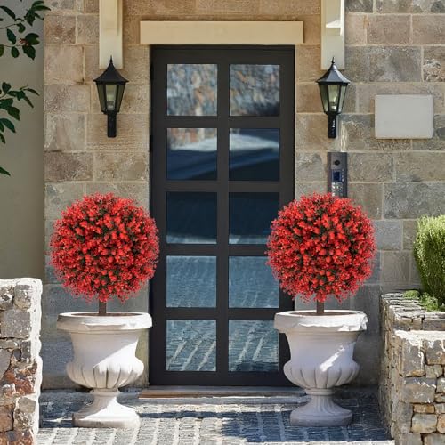 AOKIIE 24" Artificial Boxwood Topiary Bushes UV Resistant for Outdoor 2PCS | Artificial Shrubs with Ground Spike, Red Faux Outdoor Plants for Indoor & Outdoor Garden, Yard, Porch, Patio - color: Red
