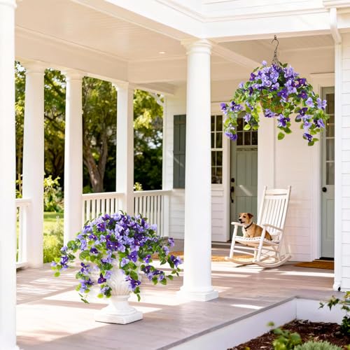 Homsunny Artificial Fake Hanging Flowers Plants Basket for Outdoor Decoration, Faux Silk Flower Bougainvillea Planter Look Real UV Resistant for Home Porch Patio Balcony Yard Spring Decor(Purple) - color: Double Purple
