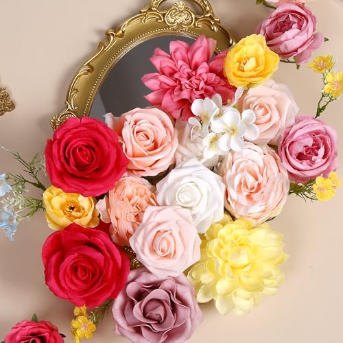 Artificial Flower Box Set Pink & Yellow Silk Flowers Rose Faux Flowers for DIY Bouquets Centerpieces Arrangements Table Decor Baby Shower Party Home Decor (Pink & Yellow) - color: Pink & Yellow
