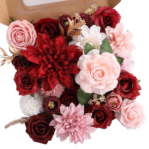 Garisey Artificial Flowers Combo, Mix Silk Flowers Roses, Peonies, Dahlias with Stems for DIY Wedding Bridal Bouquets, Baby Shower, Table Centerpieces, Home Decor, Fake Floral Arrangements-Red&Pink - color: Red&pink