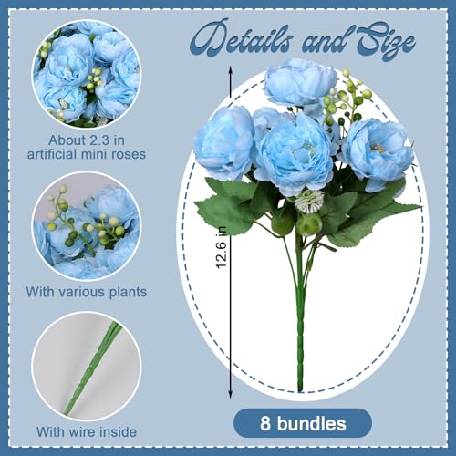 8 Bundles Peonies Artificial Flowers Blue Fake Silk Peonies Bouquet Faux Peonies Flowers Bulk for Home Decoration Vase Florals Arrangements Wedding Party Table Centerpiece - color: Light Blue