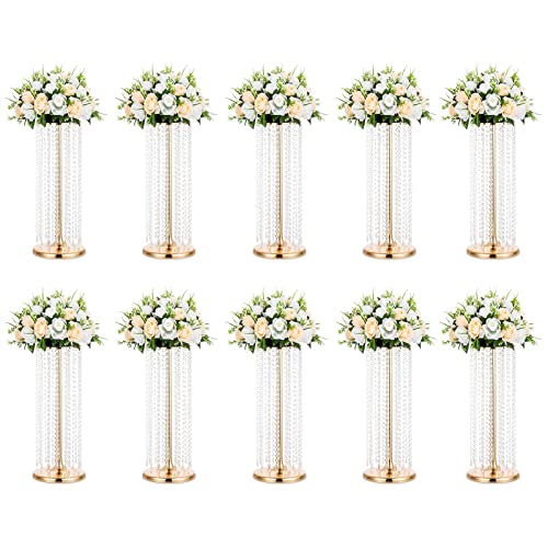 Nuptio Wedding Centerpieces Flower Vases: 10 Pcs 23.6in Tall Crystal Gold Vase Metal Flowers Stand for Party Tables Decorations - Elegant Bulk Weddings Decoration Table Chandelier Centerpiece Stands - color: Gold, size: 10 Pcs 23.6 inch