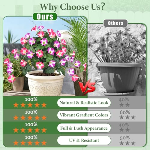 Elyum 2 Pack Artificial Flowers Topiary Ball Trees for Outdoors, 19.7" Lifelike Morning Glory Fake Bushes Plants, UV Resistant Fake Plants Faux Shrubs with Ground Spike for Porch Garden Decor - color: Purple and Red