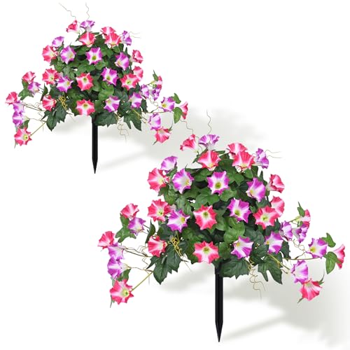 Elyum 2 Pack Artificial Flowers Topiary Ball Trees for Outdoors, 19.7" Lifelike Morning Glory Fake Bushes Plants, UV Resistant Fake Plants Faux Shrubs with Ground Spike for Porch Garden Decor - color: Purple and Red