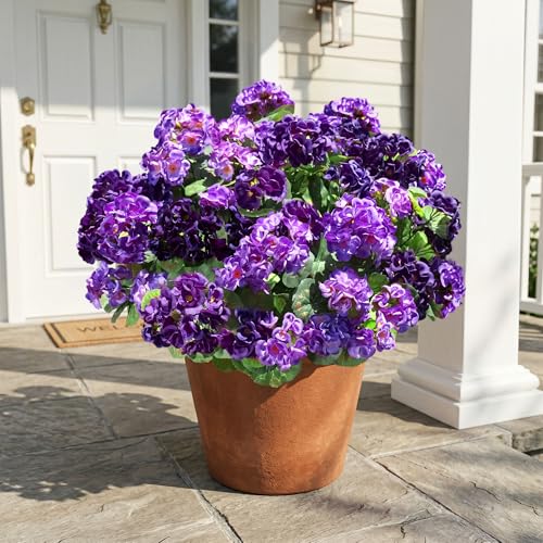 Fake Geraniums Artificial Flowers for Outdoors, 6 Bundles Silk Geraniums Flowers Realistic UV Resistant Fake Plants Faux Flowers for Outside Planters Front Door Garden Balcony Yard Porch Indoor, Mix - color: 3 Purple, 3 Dark Purple