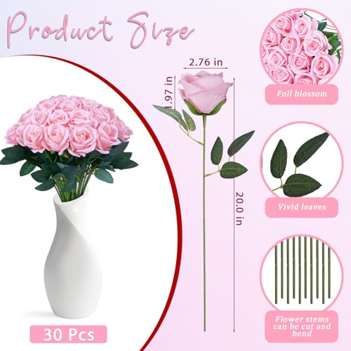 30pcs Fake Roses Artificial Silk Flowers Long Stems Bouquet for Wedding Bridal Shower Party Home Decoration (Pink) - color: Pink