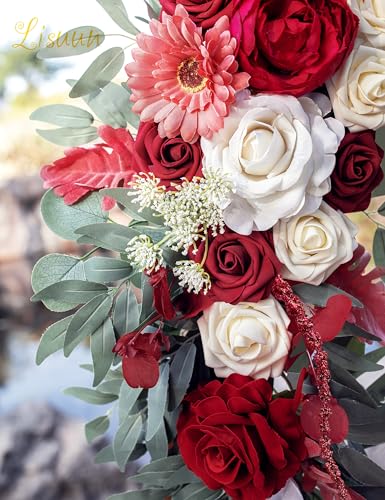 Lisuun Artificial Wedding Arch Flowers with Chiffon Runner, Pack of 3 | Includes 2 Flower Swags, 1 20ft Chiffon Runner and Zip Ties for Wedding Arches, Arbors and Backdrops - color: Wine Red & Coffee