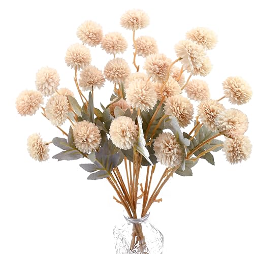 Mandy's 6 Stems Silk Beige Kiku Ball Flowers | Artificial Chrysanthemum Stems for Home Summer Décor Realistic Faux Floral Arrangement Minimalist Elegant Style - color: Beige