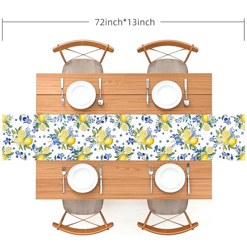 Lemon and Blue Floral Table Runner, 72 x 13 inches, White | Seasonal Kitchen Dining Table Decoration, Home Party Birthday Wedding Decor - size: 72 Inches X 13 Inches