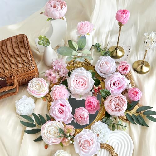Blush Pink Artificial Flowers Combo Box Set Light Pastel Silk Roses with Stems DIY Bridal Wedding Bouquets Cake Fake Floral Arrangements Baby Shower Party Table Centerpieces Spring Home Decor Bulks - color: Blush, Pastel Pink