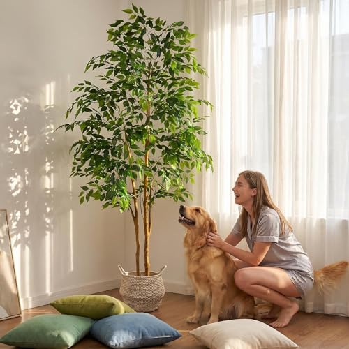 Warmplants Artificial Ficus Tree, 7ft Silk Fake Ficus Leaves Plant with Basket, Indoor Outdoor Faux Green Tree for Home Garden Office House Livingroom Décor - color: Ficus, size: 7ft