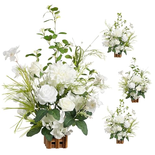 Ling's moment 17.5" Tall Free Standing Artificial Flowers Arrangements 4 pcs Fall Wedding Aisle Runner Chair Decorations Lily of The Valley Ceremony Reception Rose Floral Party Outdoor Centerpieces - color: Wht-lily White & Olive