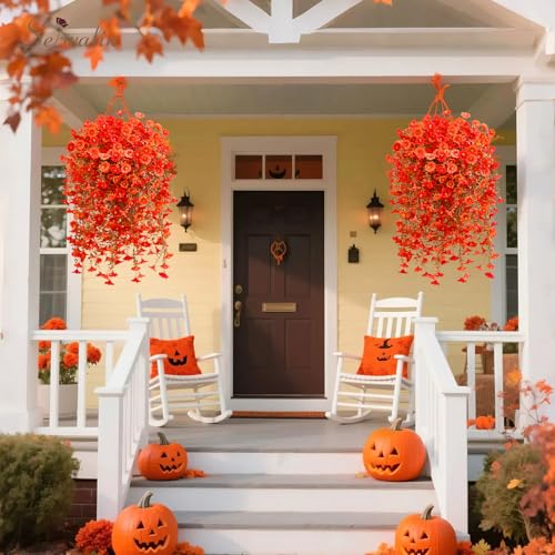 Serwalin 4PCS Artificial Fall Flowers for Outdoors, UV Resistant Fake Silk Artificial Hanging Plants Outdoor for Porch Patio Balcony Outdoor Planter Garden Yard Fall Decor(Orange&Red,4PCS) - color: Orange&red