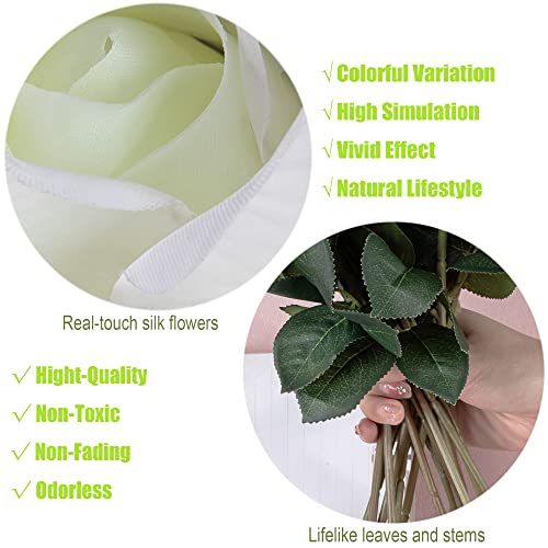 12pcs Half Opened Artificial Rose Buds,17 Inch Real Touch Silk Roses with Partially Opened Flowers, Artificial Flower for Home Décor Centerpiece Wedding Bouquet,White - color: White