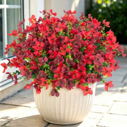 Artificial Faux Plants Flowers Outdoor Spring Summer Decoration, 12 Bundles Fake Silk Colorful Daisy Eucalyptus Realistic UV Resistant for Outside Home Planter Porch Patio Yard Decor (Red Brown) - color: Burgundy & Brown B