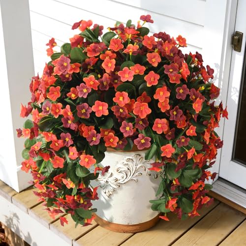 Artificial Fake Hanging Flowers for Outdoors, 2 Pcs Artificial Hanging Plants Outdoors Spring Summer Decor, UV Resistant Faux Violet Silk Flowers for Planters Front Door Yard Garden(Orange Brown) - color: Orange Brown