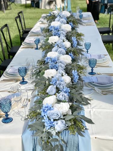DearHouse 2Pack Artificial Peony Flower Garland - 6ft/Strand Silk Peony Flower Greenery Garland with Fake Willow Leaves for Wedding Ceremony Backdrop Party Table Centerpieces Decor (Blue) - color: Blue