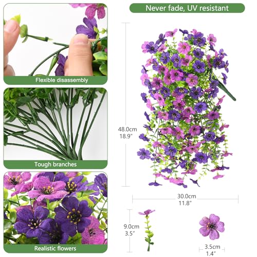 INQCMY 2Pcs Artificial Fake Hanging Flowers for Outdoors UV Resistant Artificial Plants for Spring Summer Decor Look Real Faux Flowers for Outside Home Planter Porch Patio Decor - color: Purple1