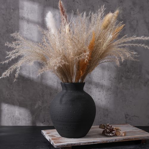 Ceramic Flower Vase Home Decor, 7.4 in Farmhouse Table Vases Retro Vintage Living Room Kitchen Bedroom Decoration Pottery Decorative Vases for Flowers House Shelf Office Desk Dining Entryway, Black - color: 7.4 in - Black