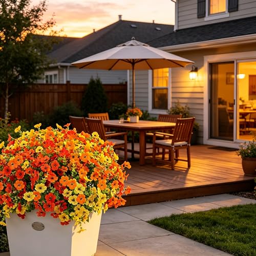 12 Bundles Artificial Flowers for Outdoor UV Resistant and Realistic, Faux Daisy Fake Flowers with Eucalyptus Leaves for Porch, Patio, Planter, Window Box, Home, Garden Decor - color: Yellow Orange Red