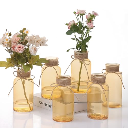 Glass Flower Vases for Centerpieces Boho Cylinder Bud Vases in Bulk Mason Jars for Weddings, Parties & Vintage Home Farmhouse (6, Gold) - color: Gold