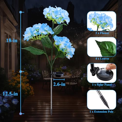 Garden Lights Solar Flower Light, LED Solar Powered Outdoor Light Decor for Path Yard Walkway Patio Balcony Lawn, Hydrangea Artificial Flower (Blue, 2)