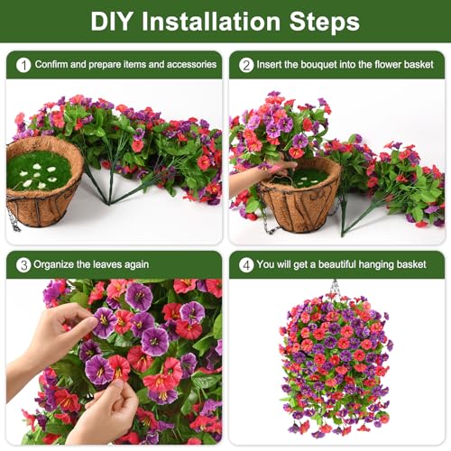 Homsunny Artificial Faux Hanging Flowers Plants Baskets for Outdoor Spring Summer Decorations,Resistant Fake Morning Glory Silk Plants for Outside UV Resistant Patio Yard Home Porch Decor(Red Purple) - color: Red Purple