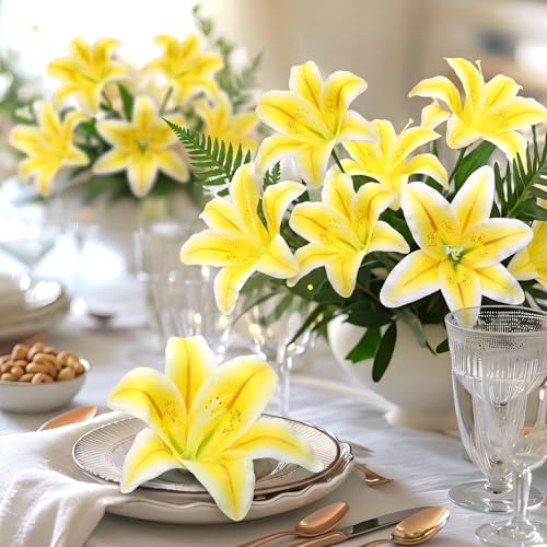 Suncalla 30 Pack Large Artificial Lilies Flower Heads with Realistic Stamens 5.9" Faux Fake Lily Flower Heads Bulk for DIY Crafts Cake Wedding Bridal Wreaths Table Home Party Decor (Yellow) - color: Yellow
