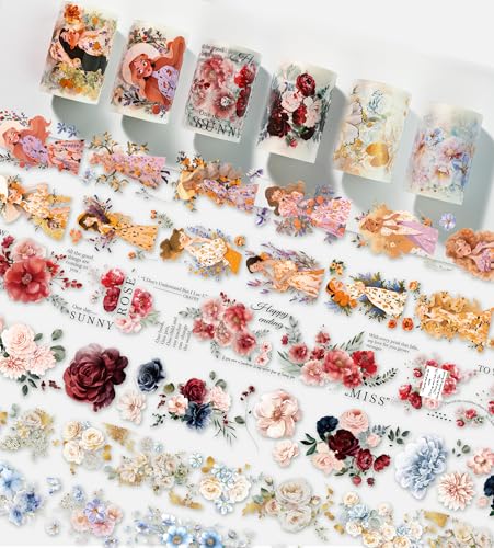 Floral PET Washi Tape Set - 6 Roll Wide PET Tape for Scrapbook Supplies,Character Decorative Girls Sticker,Flower Stickers, Bullet Journals Materials,Planner Arts Craft Collage - color: Girls with Flowers