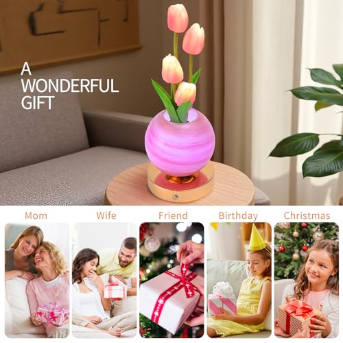 Tulip Flower Planet Lamp with Remote Control, Rechargeable Cordless Touch Dimming Artificial Flower Desk Lamp, LED Night Light Romantic Gifts for Girl Women Grandmother (Remote Control) - style: Remote control
