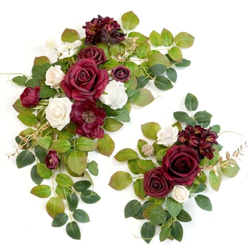 Wedding Decor (Pack of 2) Welcome Sign Flower Backdrop Garland for Ceremony Reception Wall Easel Home Decoration Entryway Faux Outdoor Board Head Table Decor (Burgundy & White) - color: Burgundy & White